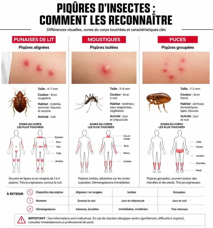 Infographie comparative des piqûres de punaises de lit, moustiques et puces pour identifier les symptômes.