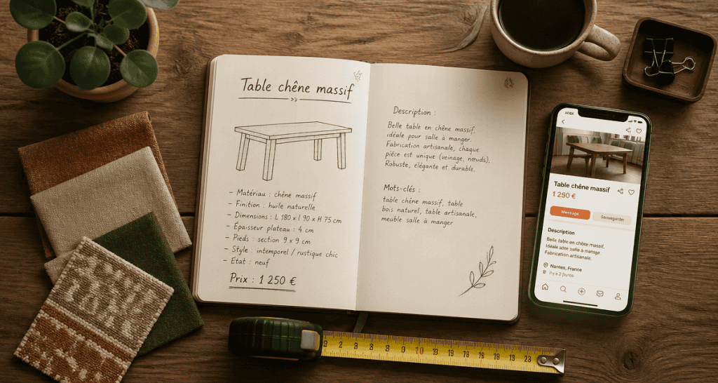 vendre des meubles occasion bureau artisanal flat lay