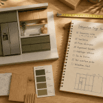 comment intégrer un frigo américain dans une cuisine, vue flat-lay moderne