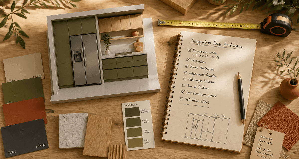 comment intégrer un frigo américain dans une cuisine, vue flat-lay moderne