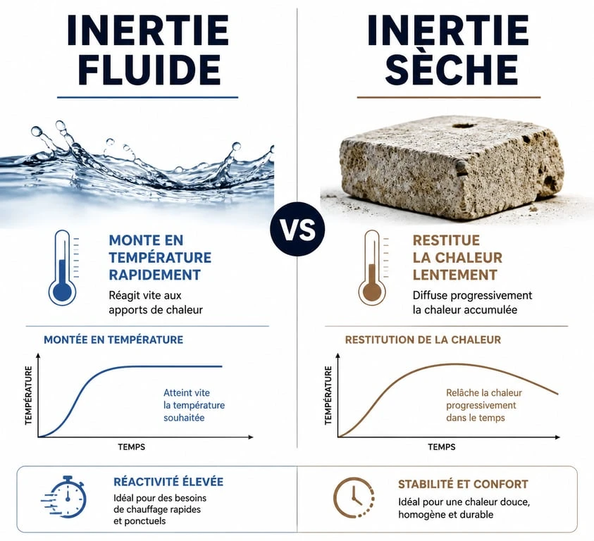 Infographie comparative entre radiateur à inertie fluide et radiateur à inertie sèche pour comprendre la consommation