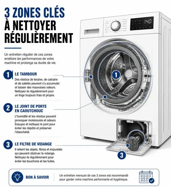 Infographie des zones à nettoyer pour l'entretien du tambour de machine à laver