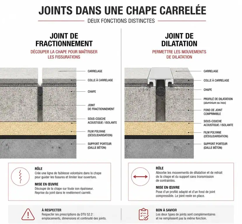 Schéma technique comparatif : joint de fractionnement vs joint de dilatation pour carrelage