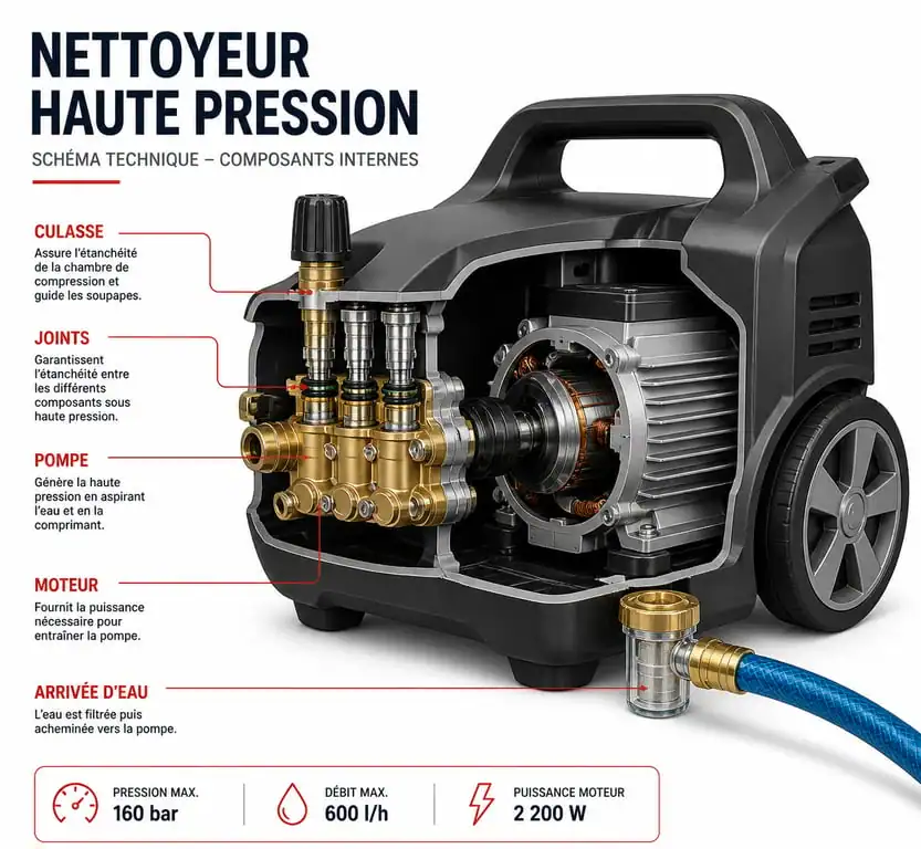 Schéma technique des composants internes d'un nettoyeur haute pression pour diagnostic de réparation