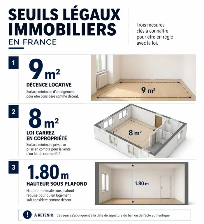 Infographie des seuils légaux pour la vente d'une chambre de moins de 9m2 : loi Carrez et décence