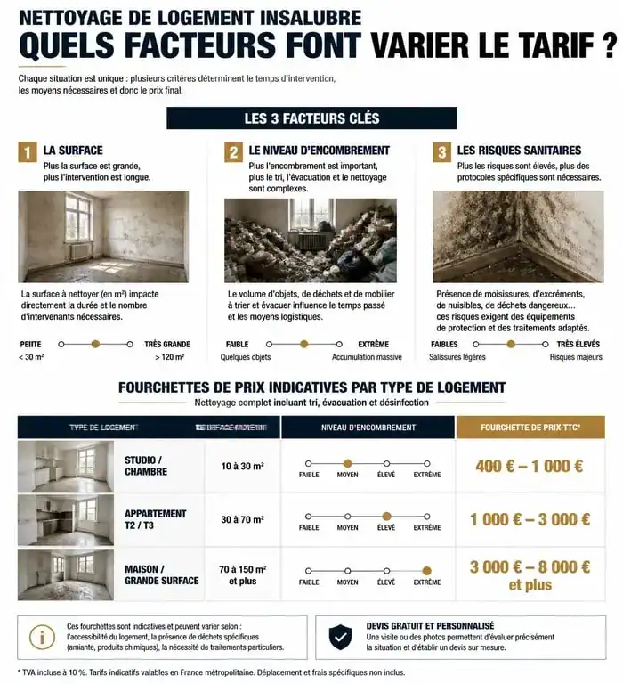 Infographie des tarifs de nettoyage de maison insalubre et facteurs de prix