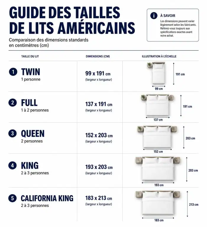 Comparatif des dimensions des lits américains : Twin, Queen, King et California King