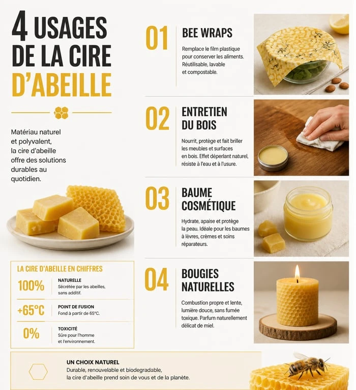 Infographie des usages de la cire d'abeille : Bee Wraps, entretien du bois, cosmétiques et bougies