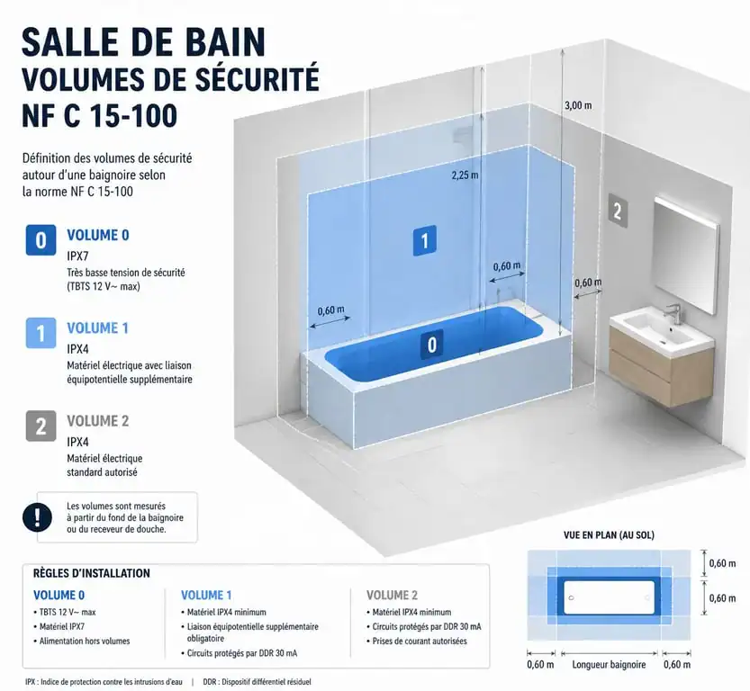 Schéma des volumes de sécurité NF C 15-100 pour l'installation d'un radiateur dans une salle de bain