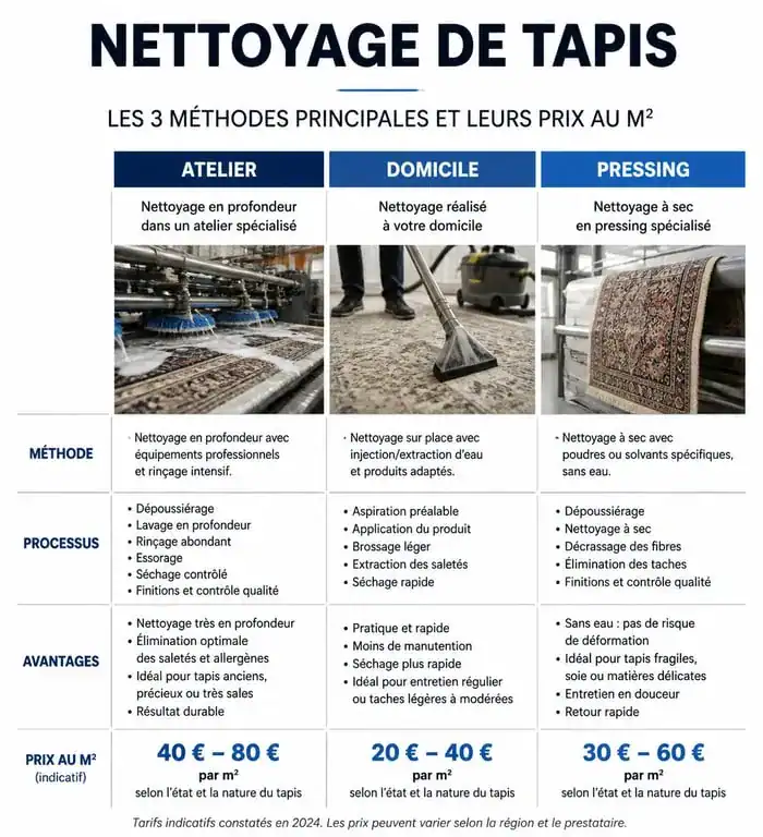 Infographie comparative des méthodes et tarifs de nettoyage professionnel de tapis