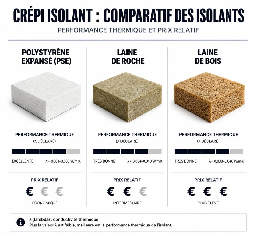 Comparatif des isolants pour crépi isolant : PSE, Laine de roche et Laine de bois