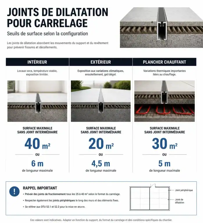 Infographie des seuils de surface pour le carrelage et joint de dilatation