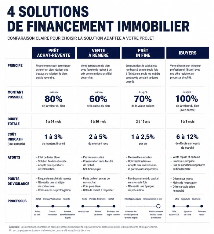 Infographie comparative des alternatives au prêt relais pour le financement immobilier : prêt achat-revente, vente à réméré, prêt in fine et iBuyers.