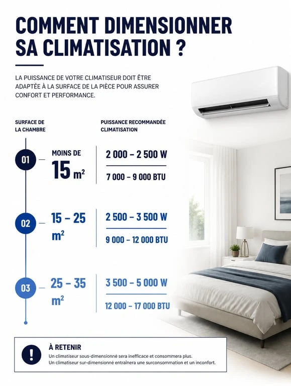 Infographie sur le dimensionnement de la climatisation dans une chambre selon la surface