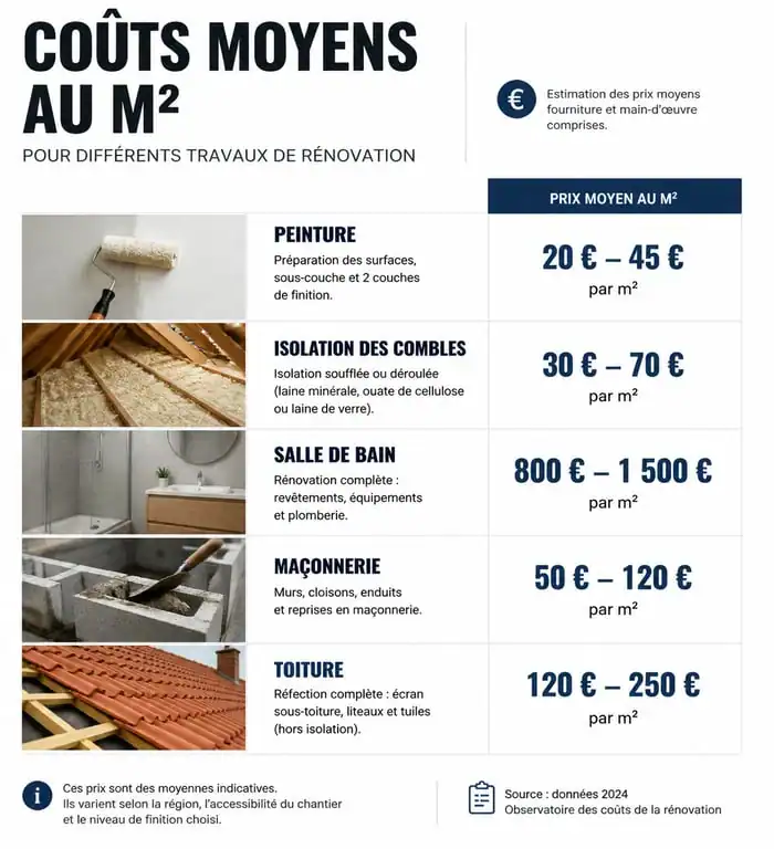 Infographie des coûts moyens au m² pour des travaux de rénovation selon le guide bricolage RenovImmoPro.fr