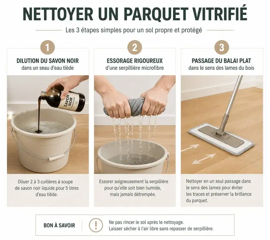 Étapes pour nettoyer un parquet vitrifié avec du savon noir