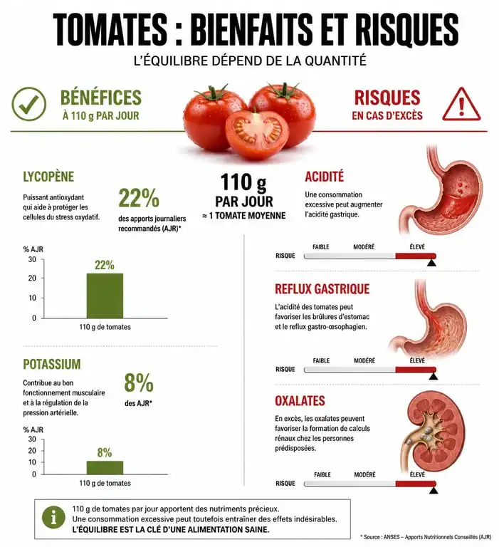 Infographie sur les effets de la consommation de tomates : bénéfices et risques selon la quantité journalière.