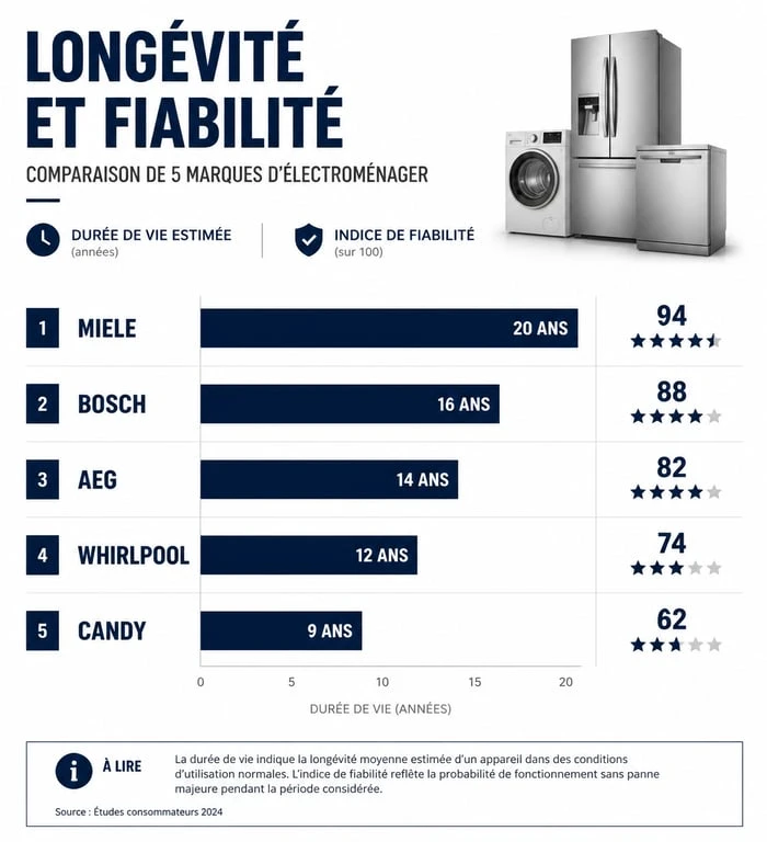 Tableau comparatif de la fiabilité et de la durée de vie des marques d'électroménager à éviter ou privilégier.