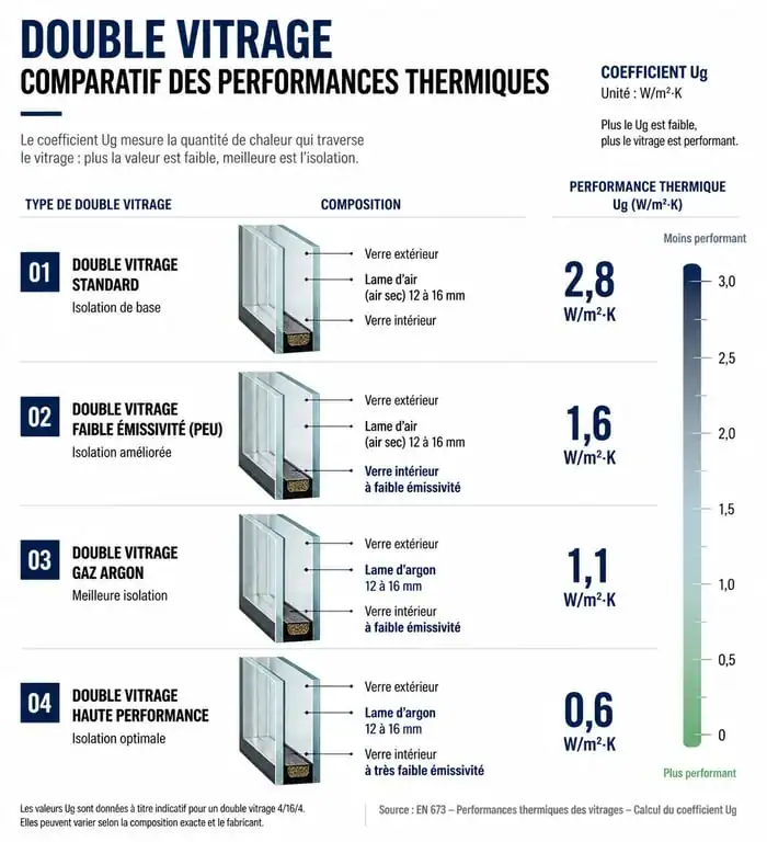 Comparatif des performances thermiques des différents types de double vitrage pour le remplacement de fenêtres