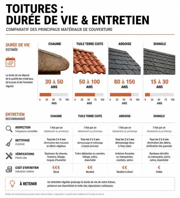 Comparatif de la durée de vie et de l'entretien des toitures en chaume, tuile, ardoise et shingle