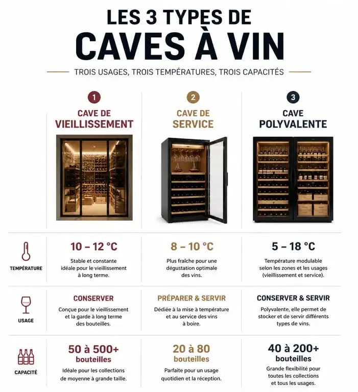 Infographie comparative des types de caves à vin pour bien choisir son équipement