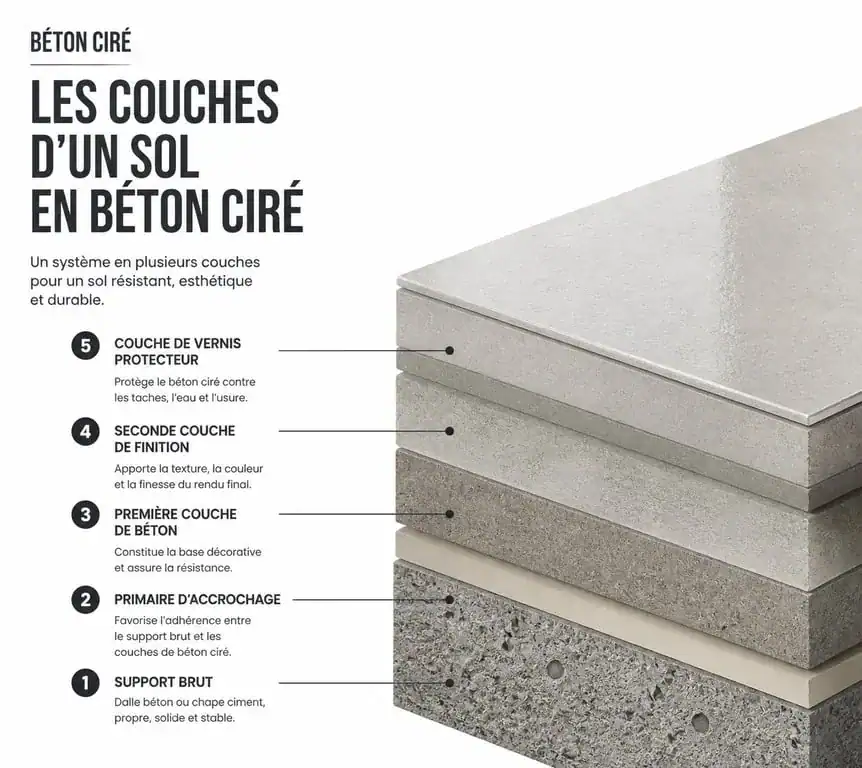 Schéma des étapes de pose d'un béton ciré