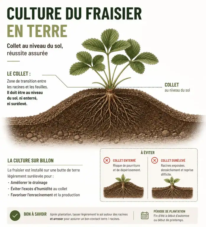 Schéma technique du repiquage des fraisiers : position du collet et culture sur billon