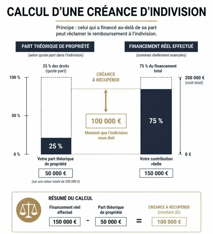 Infographie expliquant le calcul de la créance d'indivision pour le crédit immobilier
