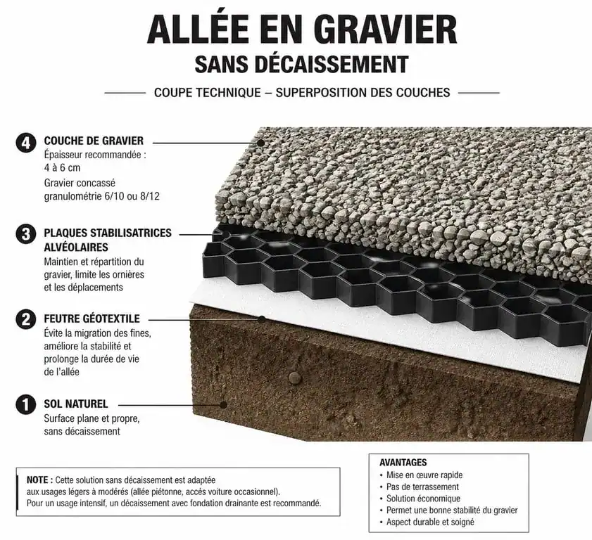 Schéma technique de pose de gravier sans décaissement avec géotextile et stabilisateurs