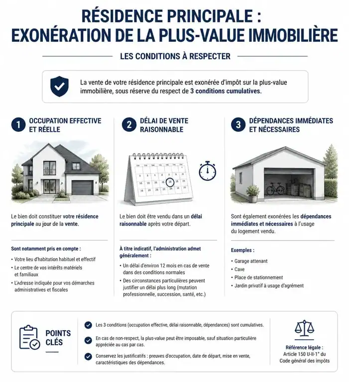 Infographie des conditions d'exonération de la plus-value immobilière sur la résidence principale