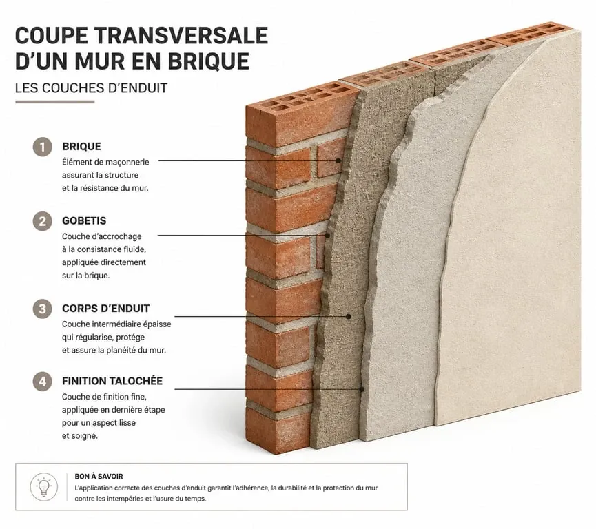 Schéma technique des couches d'un enduit sur brique : brique, gobetis, corps d'enduit et finition.