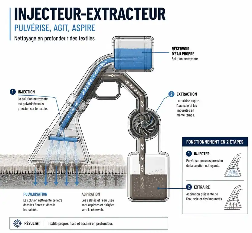 Schéma de fonctionnement d'un injecteur extracteur nettoyage