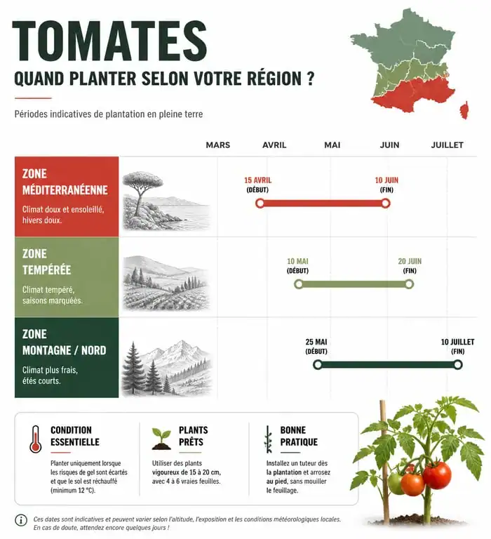 Infographie des périodes de plantation des tomates par zone géographique en France
