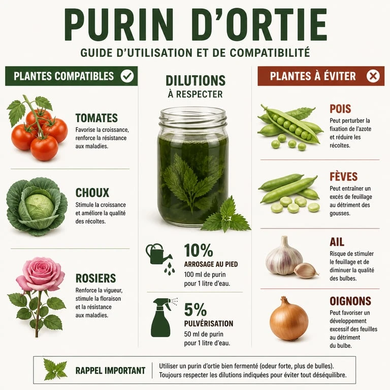 Infographie récapitulative des plantes compatibles et incompatibles avec le purin d'ortie et conseils de dosage