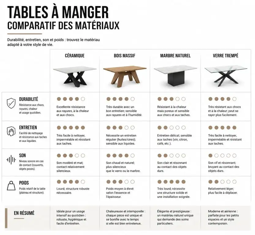 Tableau comparatif des matériaux de table : céramique, bois, marbre et verre pour aider à choisir sa table céramique inconvénient