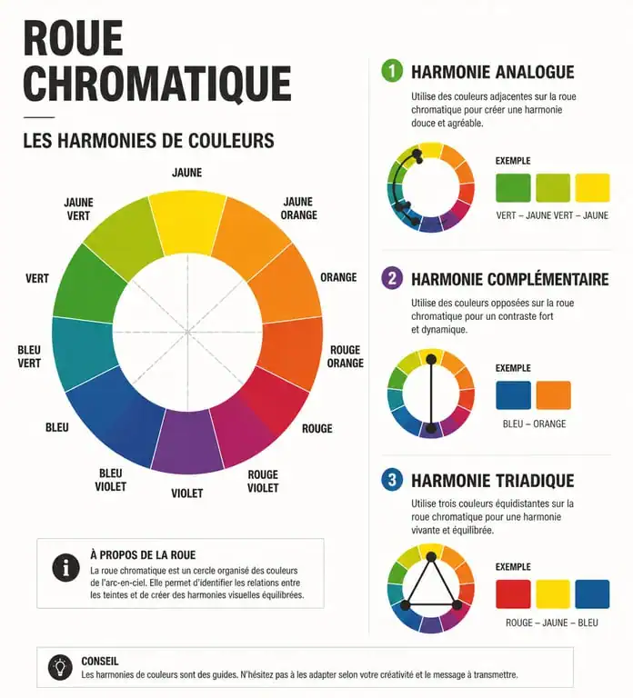 Schéma des harmonies de couleurs : analogues, complémentaires et triadiques sur une roue chromatique pour générateur de palette couleur