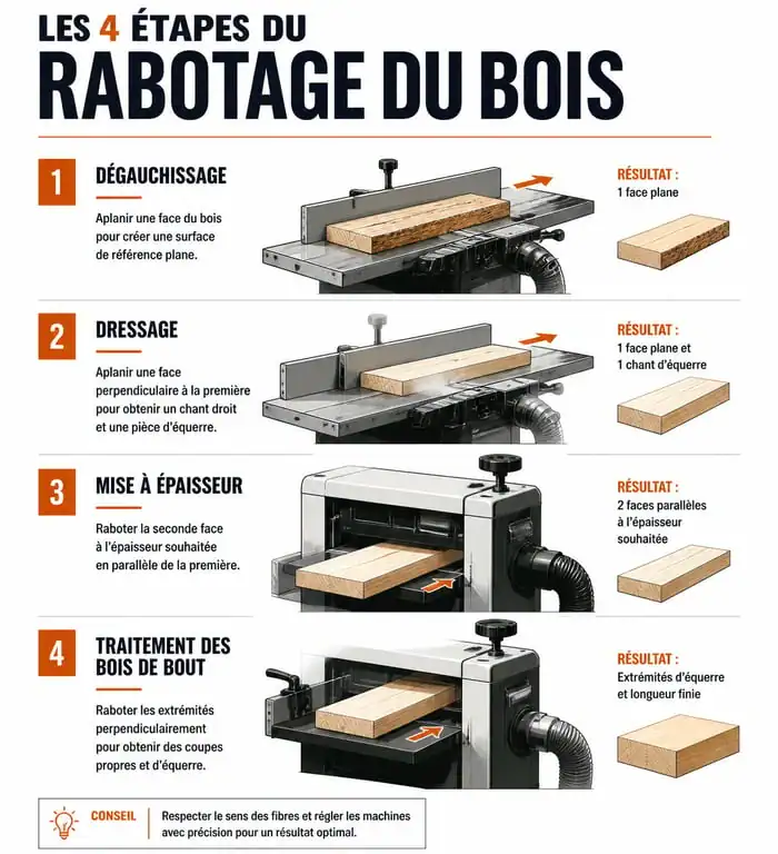Schéma des 4 étapes pour raboter du bois efficacement