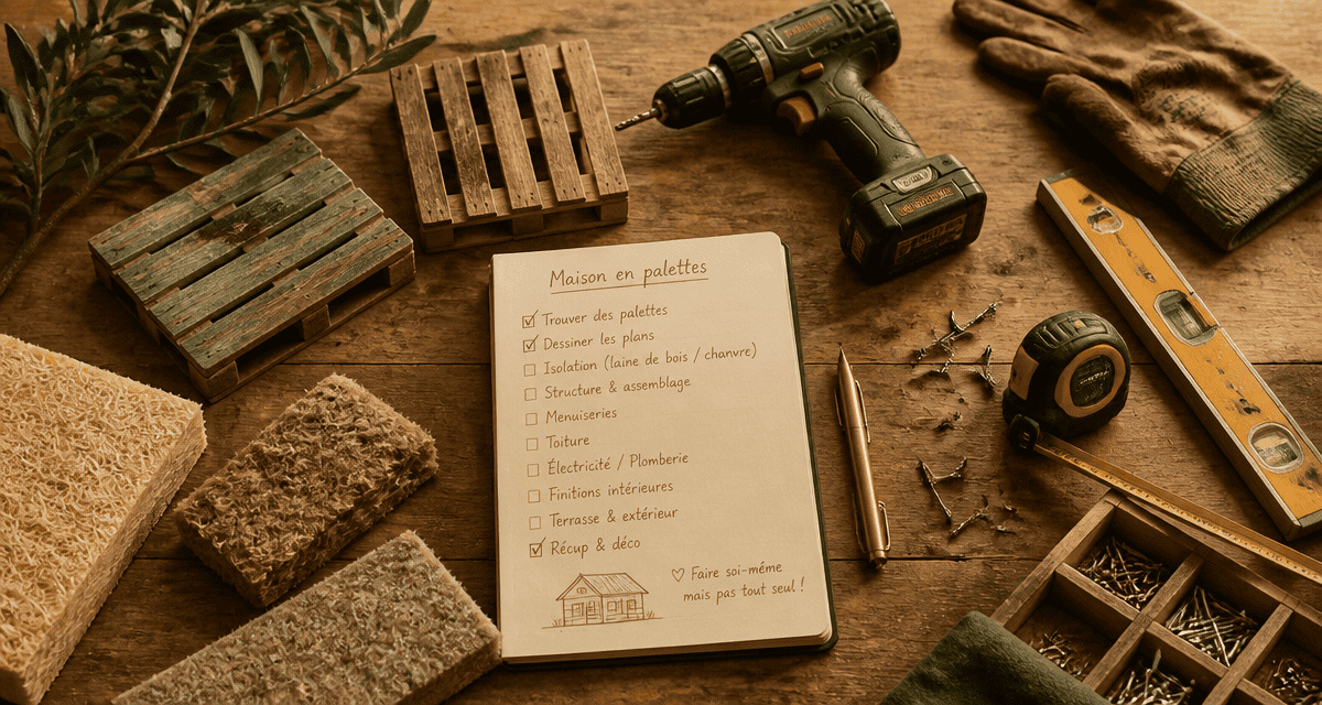 maison en palettes vue outils et matériaux
