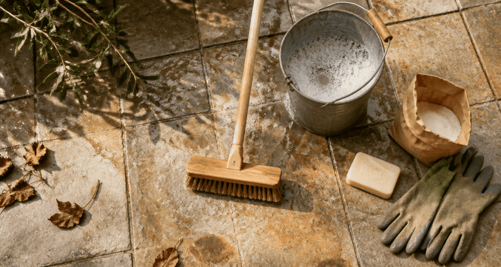 nettoyer dalle de terrasse avec balai brosse et savon naturel