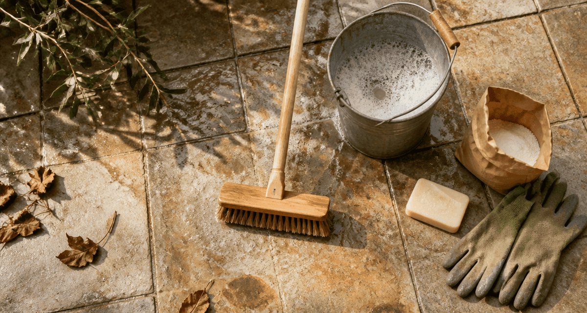 nettoyer dalle de terrasse avec balai brosse et savon naturel