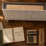 Radiateur à inertie consommation sur table avec calculatrice et carnet