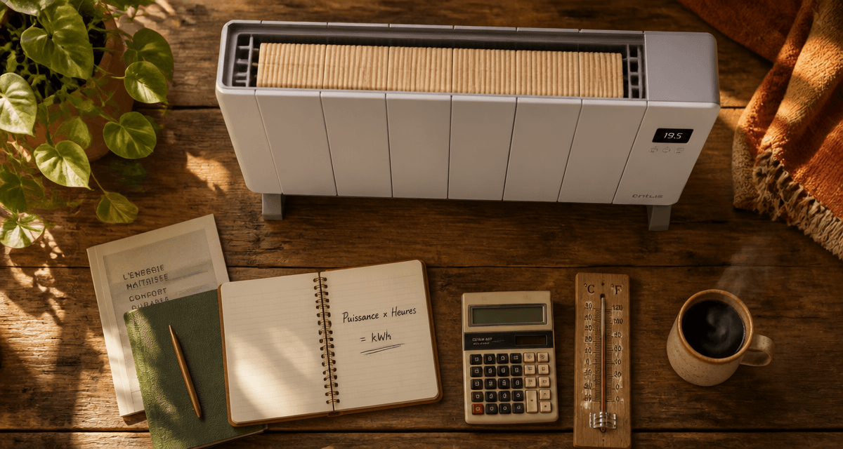 Radiateur à inertie consommation sur table avec calculatrice et carnet