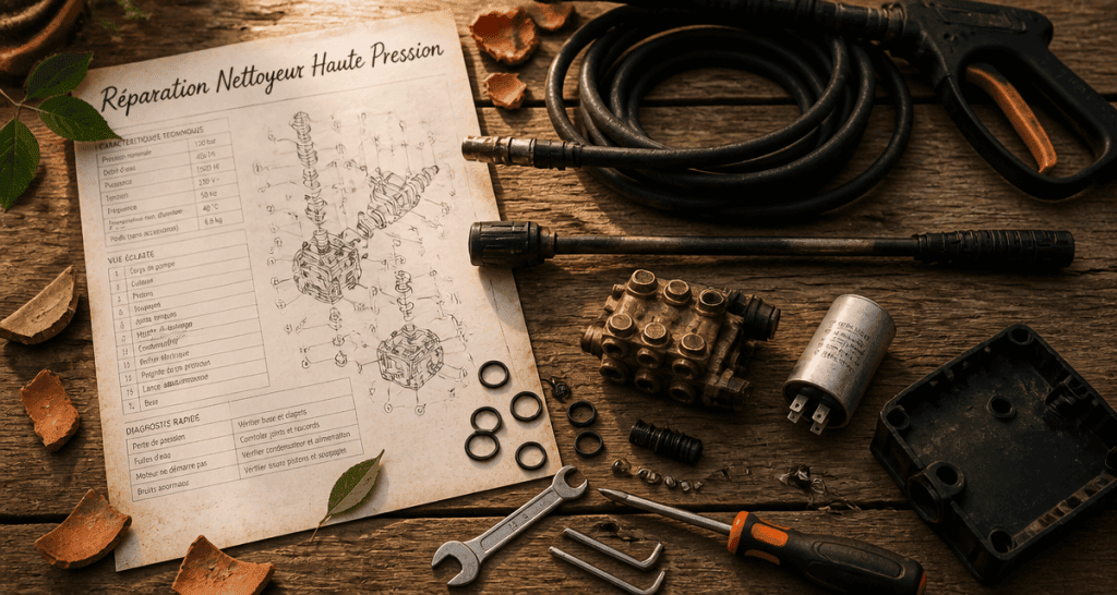 réparation nettoyeur haute pression avec outils et pièces