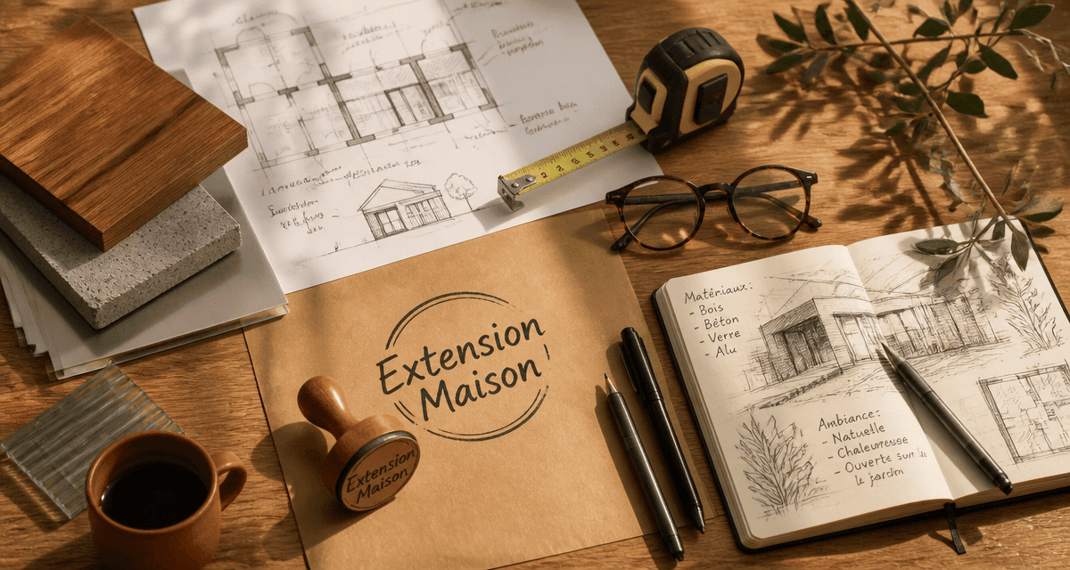 travauxmakers.fr extension maison plan matériaux flat-lay