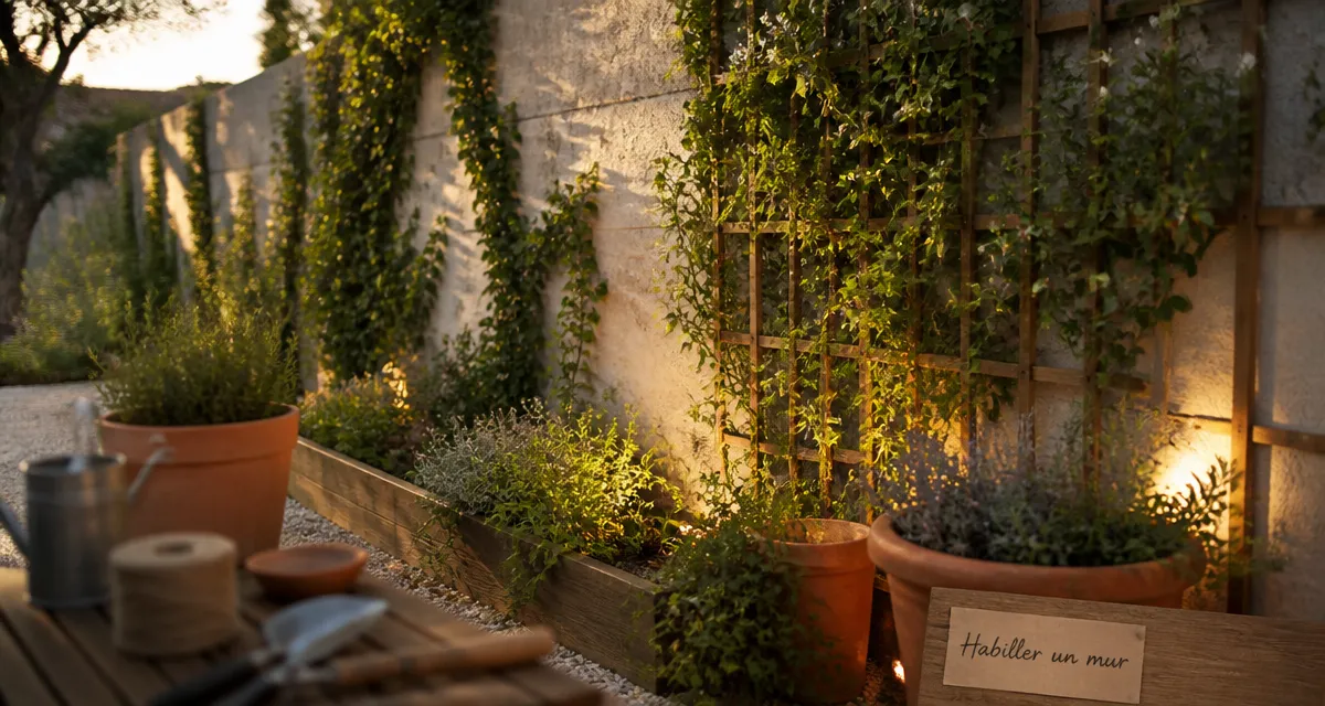 Cache mur extérieur : lierre et jasmin sur mur en crépi gris, jardinières