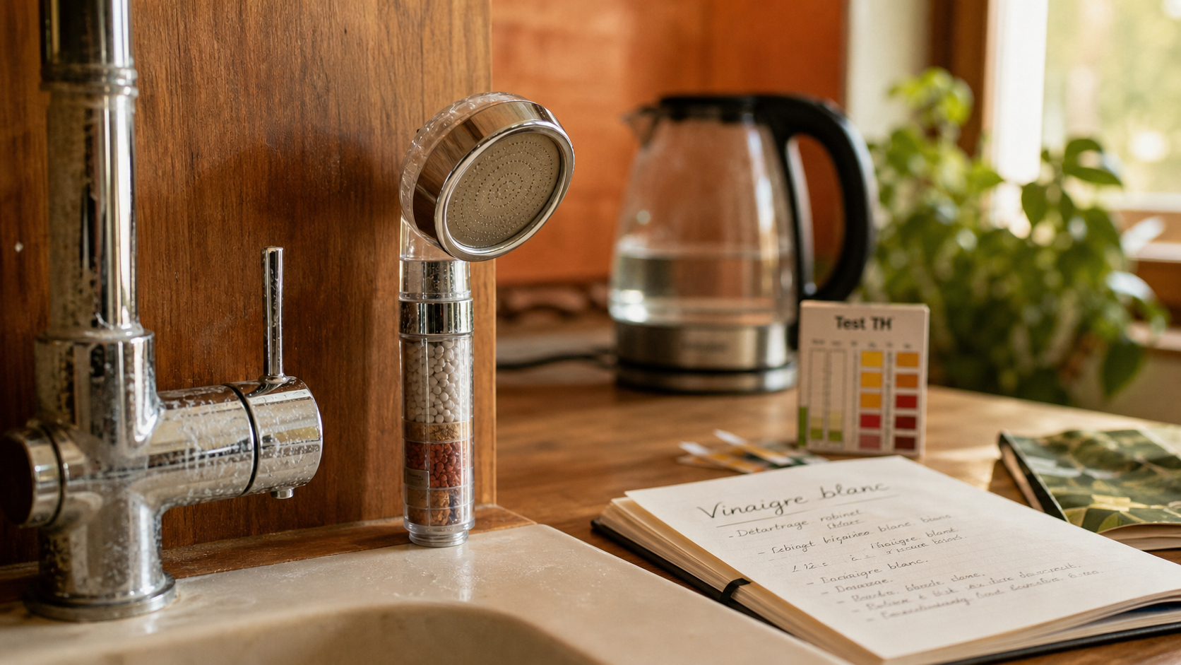 Eau calcaire solution : robinet entartré et douche filtrante