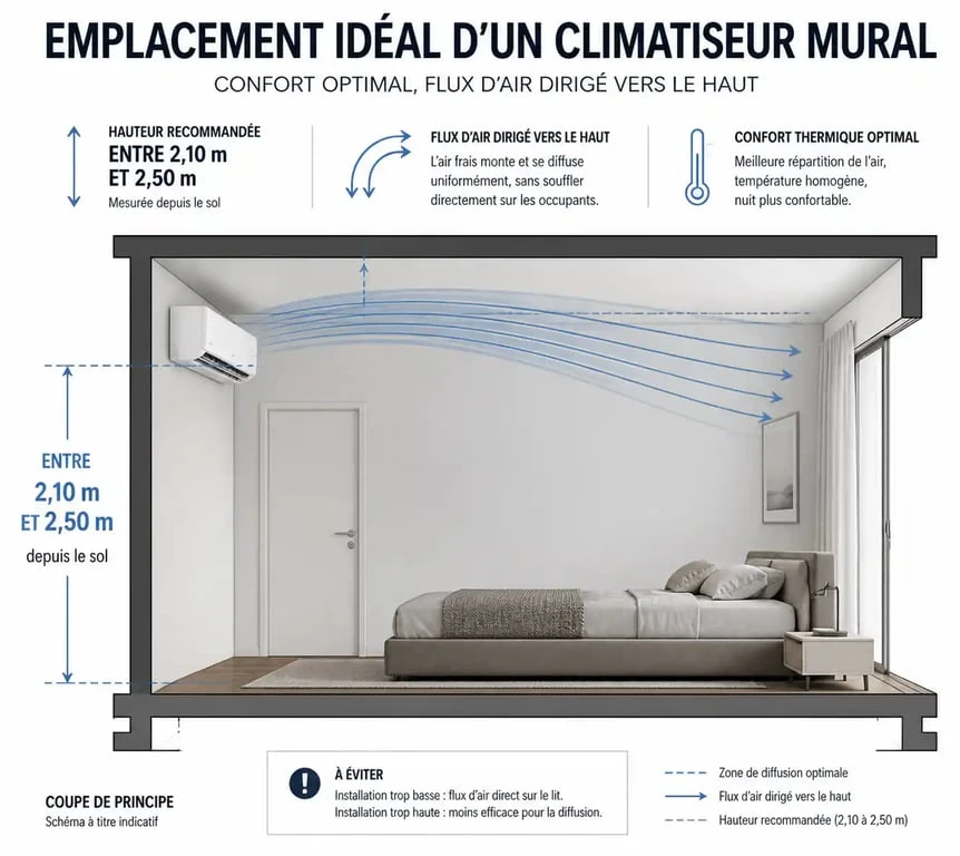 Schéma illustrant l'emplacement idéal pour installer une climatisation dans une chambre pour un confort optimal