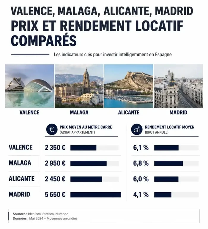 Infographie comparative des prix et rendements immobiliers en Espagne par ville