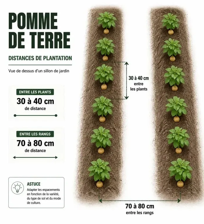 Schéma des distances de plantation de la pomme de terre au potager