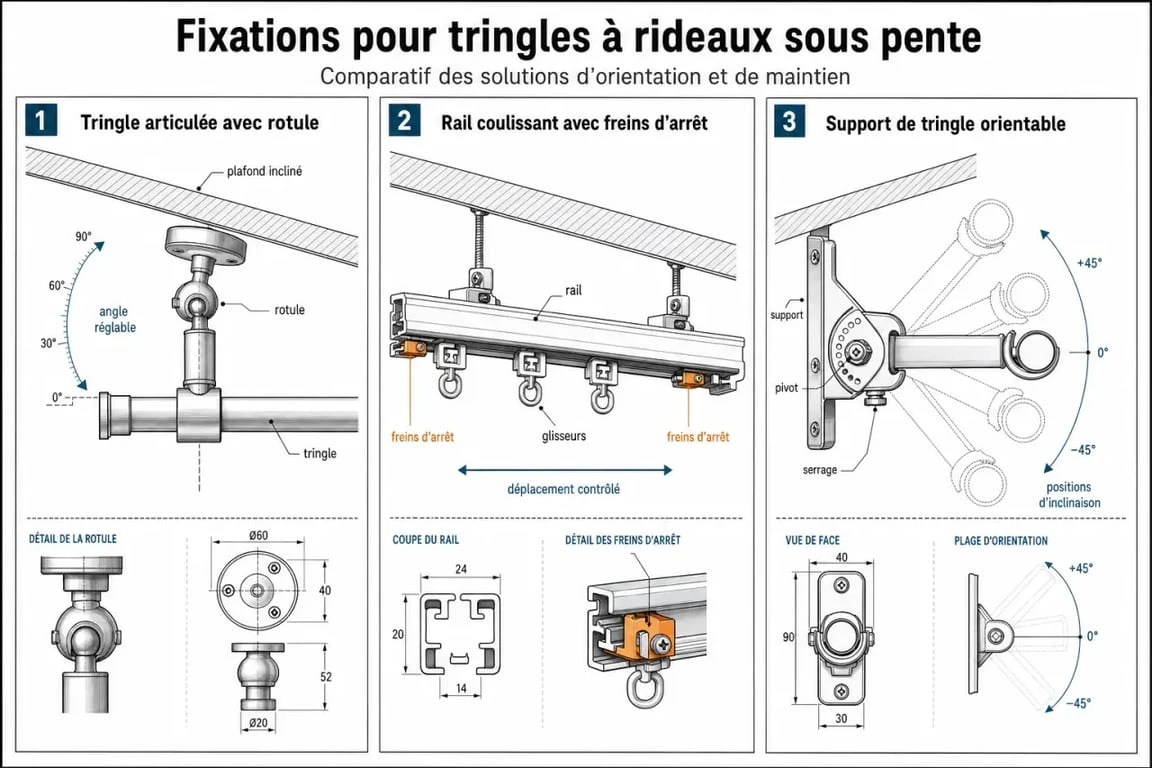 Comparatif des systèmes de fixation pour tringle rideau sous pente : tringle articulée, rail et support orientable
